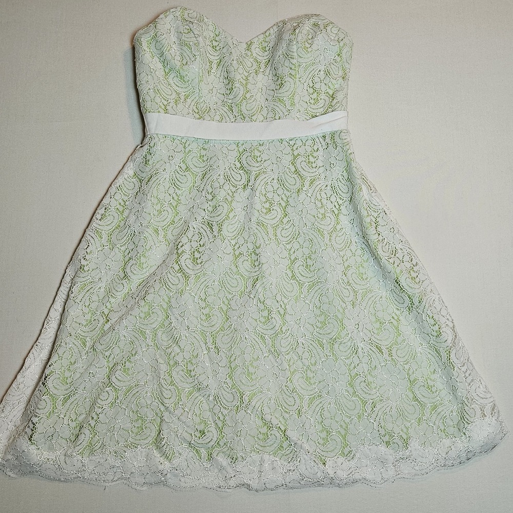 Watters & Watters Strapless Lace‎ Dress Green Lined White Overlay Size 12 Formal